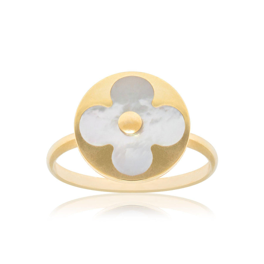 10KT Gold Round Clover Ring 095 Ring Bijoux Signé Luxo 5 Mother of Pearl 