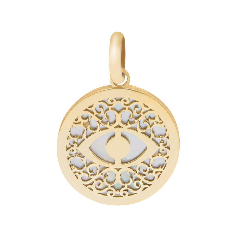 10KT Gold Round Evil Eye Pendant 049 Pendant Bijoux Signé Luxo Mother of Pearl 