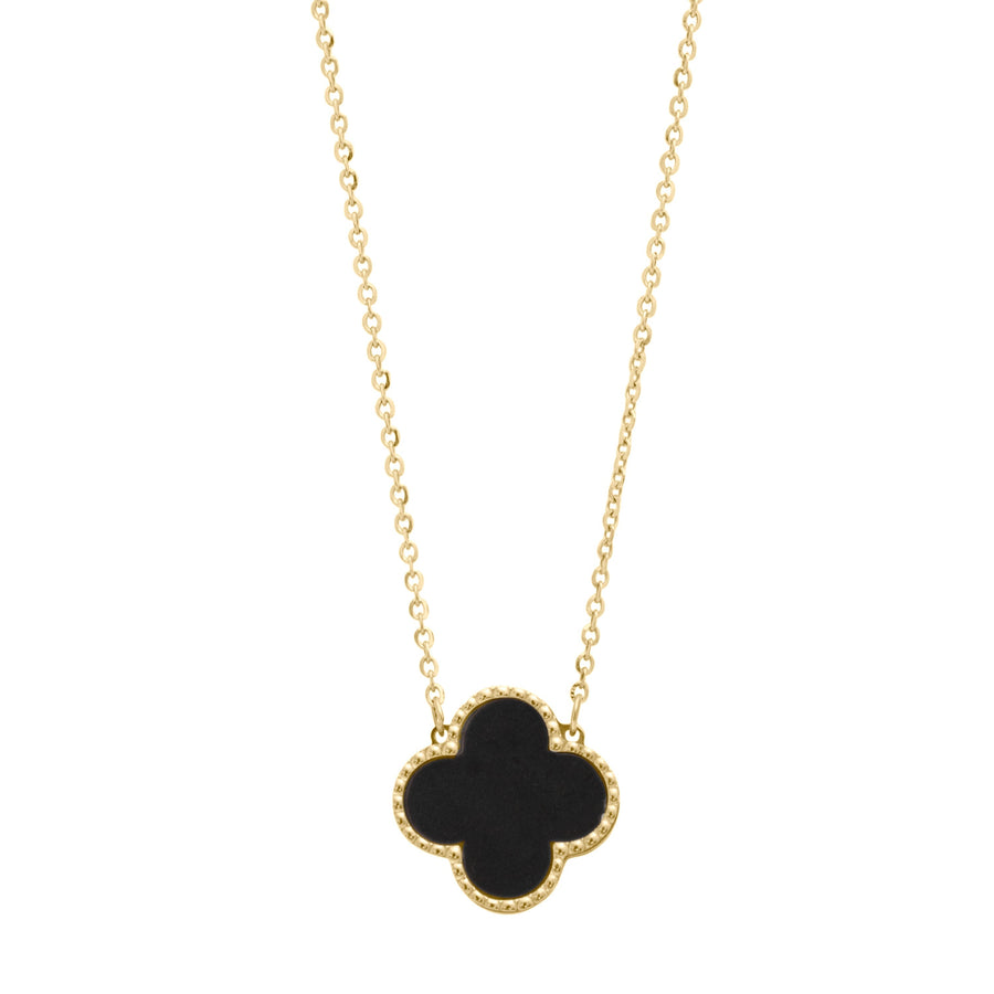 10KT Gold Single Vintage Clover Black Onyx Necklace 060 Necklace Bijoux Signé Luxo 