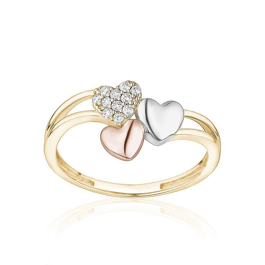 10KT Gold Triple Heart Cubic Ring 032 Ring Bijoux Signé Luxo 