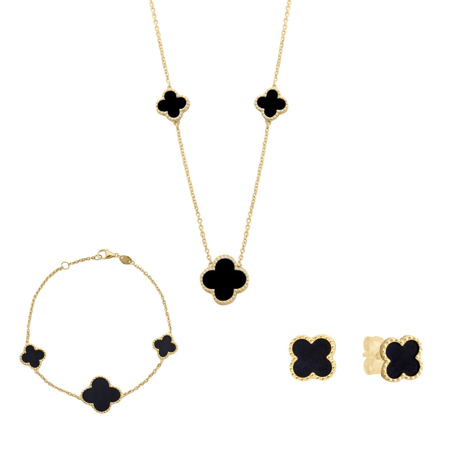 10KT Gold Vintage Clover Black Onyx Necklace 047 Necklace Bijoux Signé Luxo 