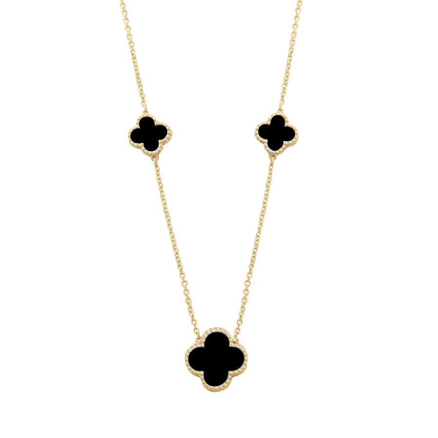 10KT Gold Vintage Clover Black Onyx Necklace 047 Necklace Bijoux Signé Luxo 