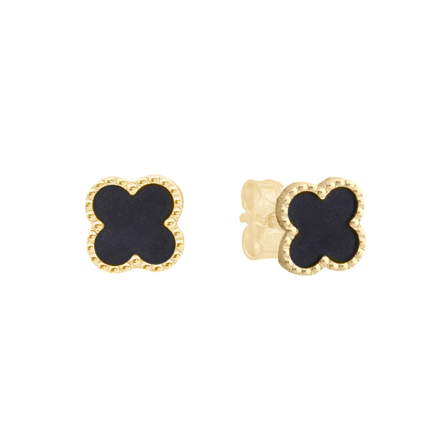 10KT Gold Vintage Clover Black Onyx Studs 109 Earrings Bijoux Signé Luxo 