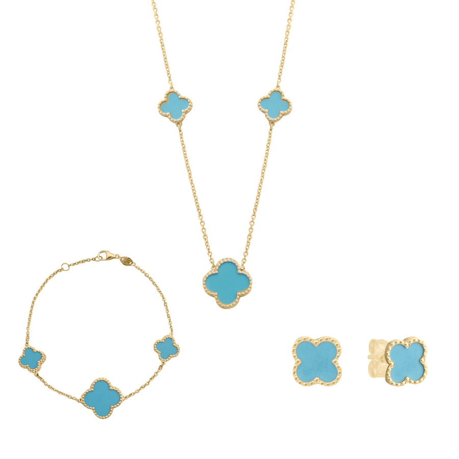 10KT Gold Vintage Clover Blue Studs 109 Earrings Bijoux Signé Luxo 