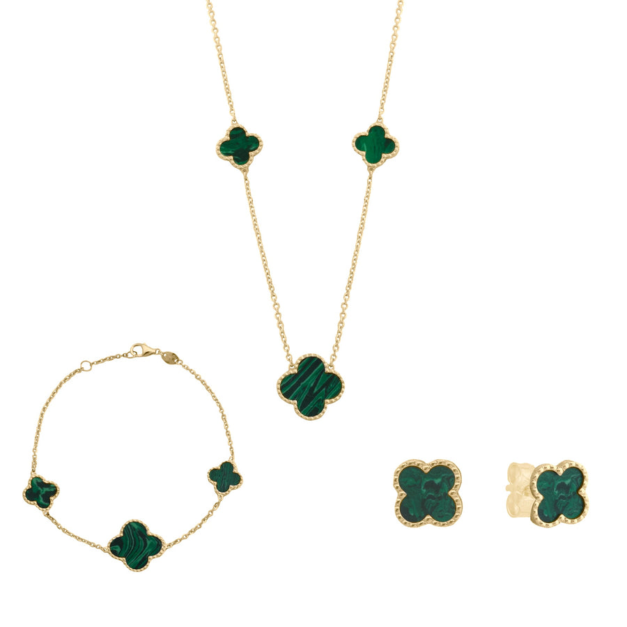 10KT Gold Vintage Clover Malachite Necklace 047 Necklace Bijoux Signé Luxo 