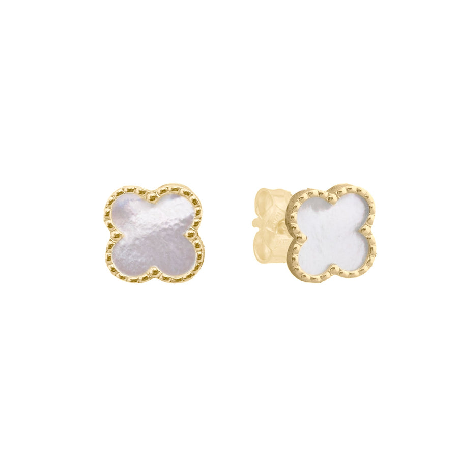 10KT Gold Vintage Clover Mother Of Pearl Studs 109 Earrings Bijoux Signé Luxo 