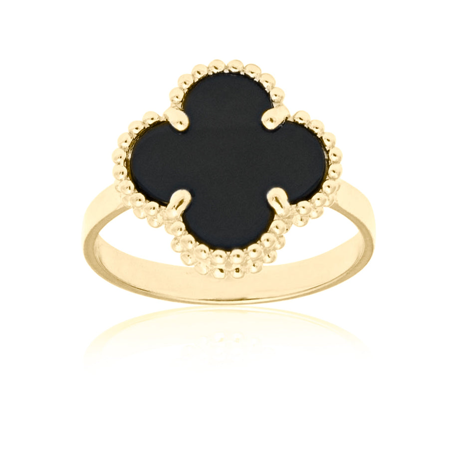 10KT Vintage Clover Ring 140 Ring Bijoux Signé Luxo 5 Black Onyx 