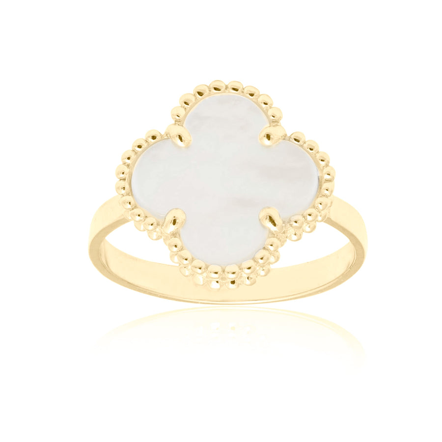 10KT Vintage Clover Ring 140 Ring Bijoux Signé Luxo 5 Mother of Pearl 