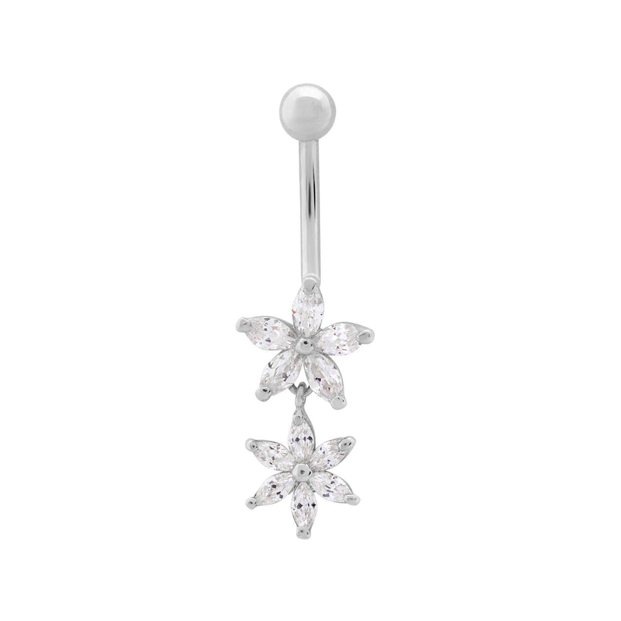 14KT Gold Double Flower Belly Button Ring 001 Body Bijoux Signé Luxo White 